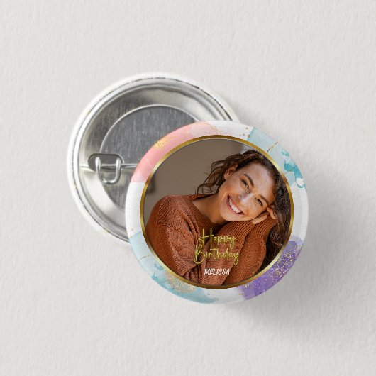 Elegant Pastel and Gold Script Photo Name Birthday Button (Vorne & Hinten)