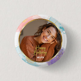 Elegant Pastel and Gold Script Photo Name Birthday Button