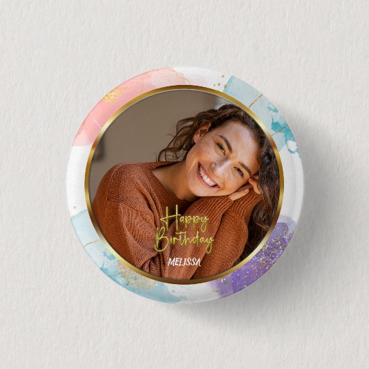 Elegant Pastel and Gold Script Photo Name Birthday Button (Vorderseite)