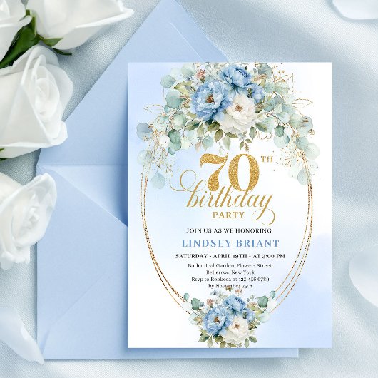 Elegant Pastel Blue Flowers 70th Birthday Invites Einladung