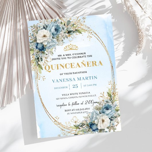 Elegant Pastel Blue Gold Eucalyptus Quinceañera Einladung