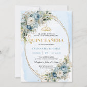 Elegant Pastel Blue Gold Eucalyptus Quinceañera Einladung (Vorderseite)