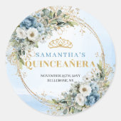 Elegant Pastel Blue Gold Eucalyptus Quinceañera Runder Aufkleber (Vorderseite)