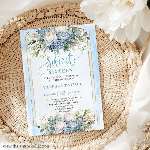 Elegant Pastel Blue White Gold Floral Sweet 16 Einladung