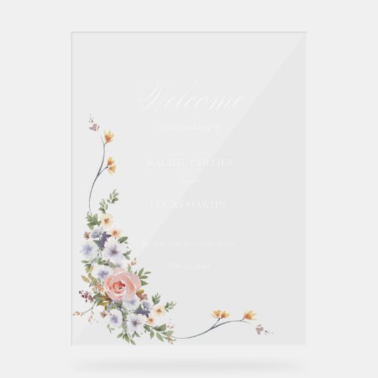 Elegant Pastel Boho Blumenkalligraphie Willkommen Acrylschild (Vorderseite)