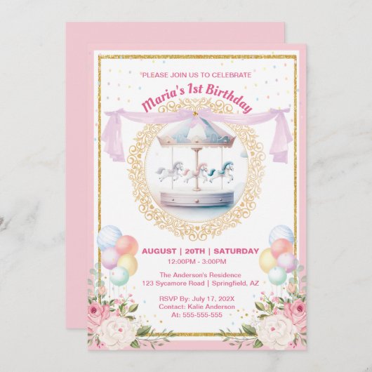 Elegant Pastel Carousel Einladung zum Geburtstag (Vorne/Hinten)
