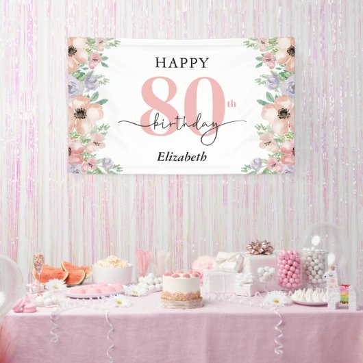 Elegant Pastel Floral 80th Birthday Party  Banner (Party)