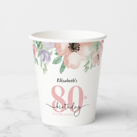 Elegant Pastel Floral 80th Birthday Party Pappbecher (Vorderseite)