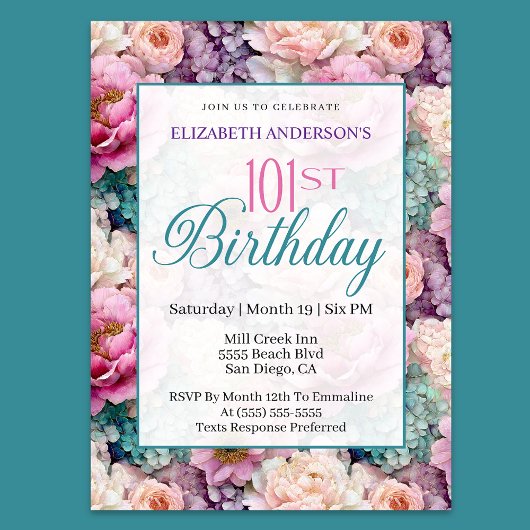Elegant Pastel Floral Garden 101st Birthday Einladung