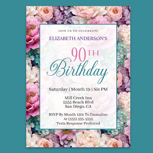 Elegant Pastel Floral Garden 90th Birthday Einladung