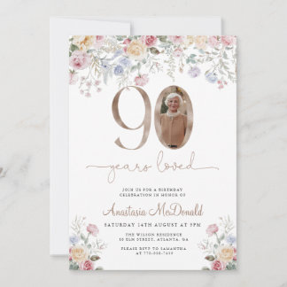 Elegant Pastel Floral Photo 90th Birthday Einladung