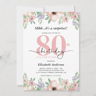 Elegant Pastel Floral Surprise 80th Birthday Party Einladung