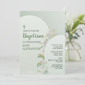 Elegant Pastel Green Floral Taufe Einladung (Stehend Vorderseite)
