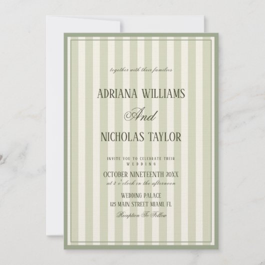 Elegant Pastel Green Striped Wedding Einladung (Vorderseite)