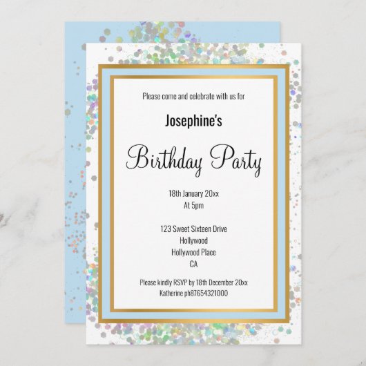 ELEGANT PASTEL HOLOGRAPHIC BLUE GOLD GEBURTSTAG EINLADUNG (Vorne/Hinten)