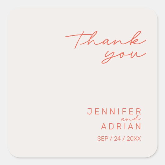 Elegant Pastel Minimal Danke Wedding Square Quadratischer Aufkleber (Vorderseite)