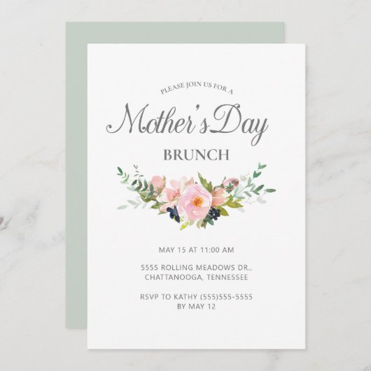 Elegant Pastel Pink Blumengrün Muttertag Einladung (Vorne/Hinten)