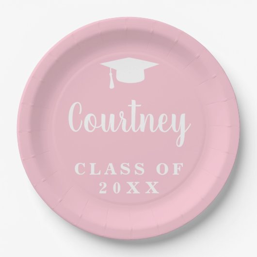 Elegant Pastel Pink Script Name Graduation Cap Pappteller (Vorderseite)