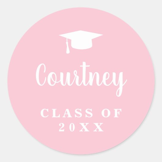 Elegant Pastel Pink Script Name Graduation Cap Runder Aufkleber (Vorderseite)