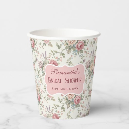 Elegant Pastel Roses Shabby Chic Bridal Shower Pappbecher (Vorderseite)