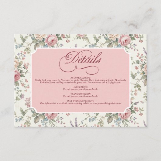 Elegant Pastel Roses Shabby Chic Wedding Begleitkarte (Vorderseite)