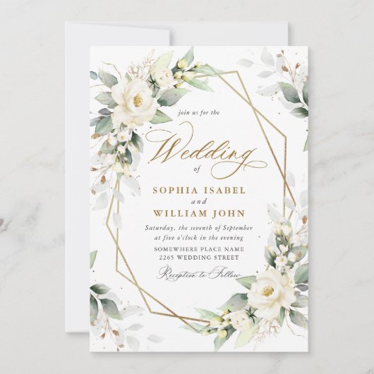 Elegant Pastel White Roses Eucalyptus Wedding Einladung (Vorderseite)