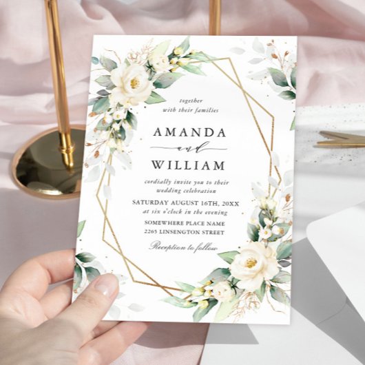 Elegant Pastel White Roses Eucalyptus Wedding Einladung