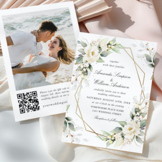 Elegant Pastel White Roses Eucalyptus Wedding Einladung