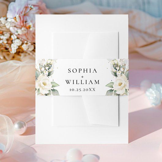Elegant Pastel White Roses Eucalyptus Wedding Einladungsbanderole