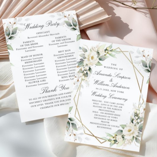 Elegant Pastel White Roses Eucalyptus Wedding Programm