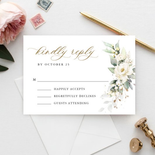 Elegant Pastel White Roses Eucalyptus Wedding RSVP Karte