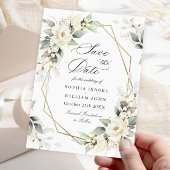 Elegant Pastel White Roses Eucalyptus Wedding Save The Date