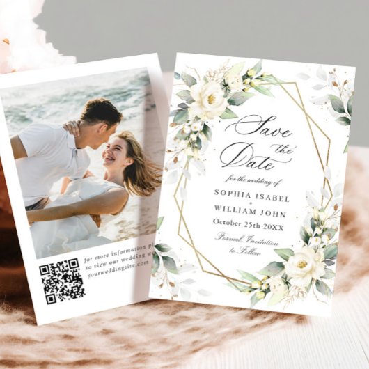Elegant Pastel White Roses Eucalyptus Wedding Save The Date