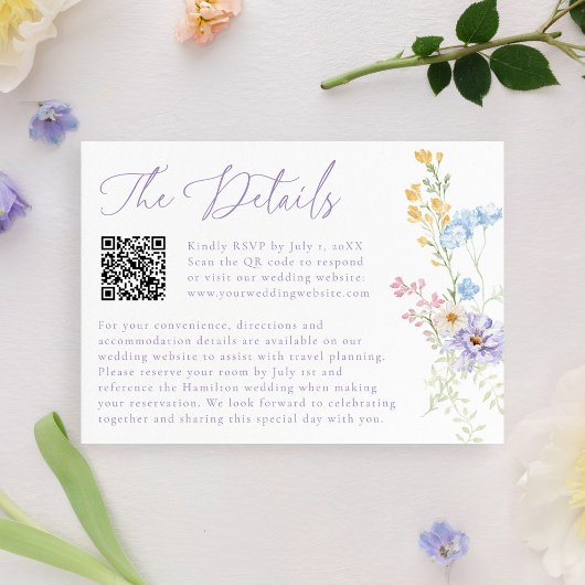 Elegant Pastel Wildflower QR Code Wedding Details Begleitkarte