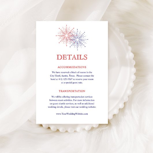 Elegant Patriotic Fireworks Wedding Guest Details Begleitkarte