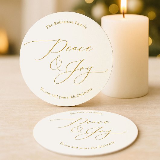 Elegant Peace & Joy Gold Script Christmas Runder Pappuntersetzer