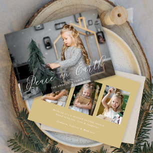 Elegant Peace on Earth Schrift Gold 4 Foto Feiertagskarte