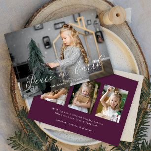 Elegant Peace on Earth Schrift lila 4 Foto Feiertagskarte
