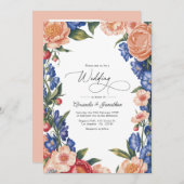 Elegant Peach and Blue Floral Wedding QR Code Einladung (Vorne/Hinten)