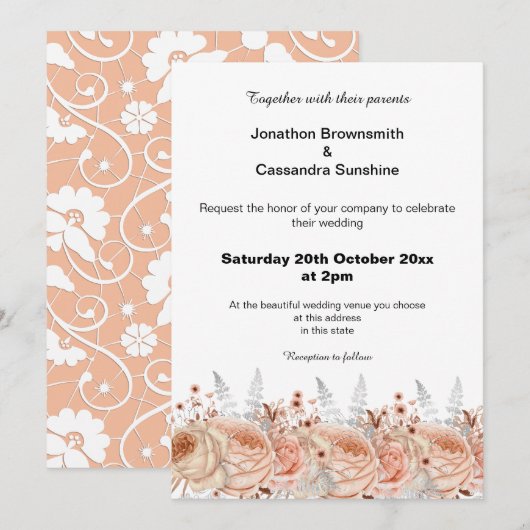 ELEGANT PEACH APRICOT LACE FLORAL DIAMOND WEDD EINLADUNG (Vorne/Hinten)