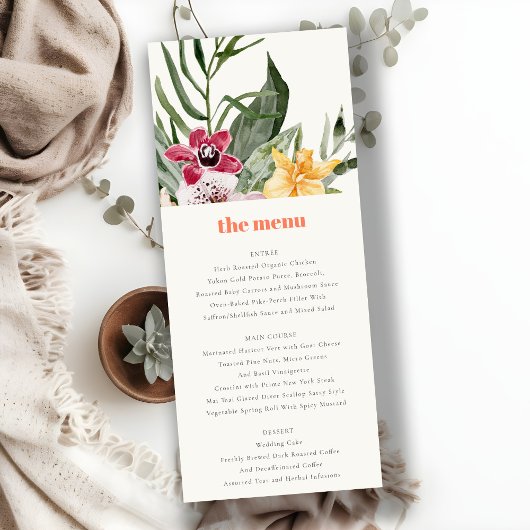 Elegant Peach Blush Boho Tropical Floral Menu Card Einladung