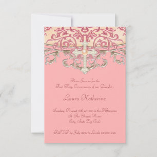 Elegant Peach Coral First Communion Einladung