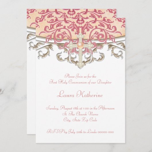 Elegant Peach Coral First Communion Einladung (Vorne/Hinten)