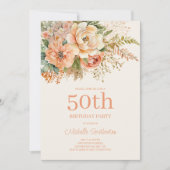 Elegant Peach Cream Floral 50. Geburtstag Einladung (Vorderseite)