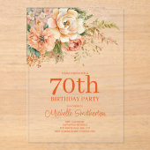 Elegant Peach Cream Floral 70. Geburtstag Acryleinladungen (Vorderseite)