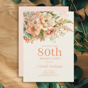 Elegant Peach Cream Floral 80. Geburtstag Einladung