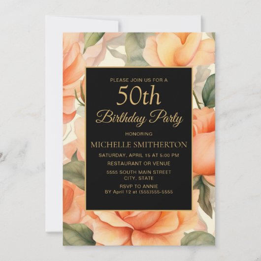 Elegant Peach Floral Black Einladung (Vorderseite)