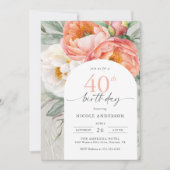 Elegant Peach Floral Feminine 40. Geburtstag Einladung (Vorderseite)