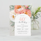 Elegant Peach Floral Feminine 40. Geburtstag Einladung (Stehend Vorderseite)