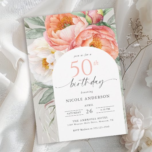 Elegant Peach Floral Feminine 50. Geburtstag Einladung